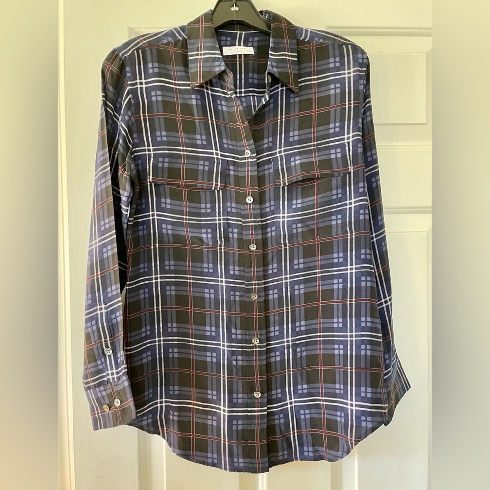 Equipment Femme Silk Blue Plaid Button-Blouse Size X-Small